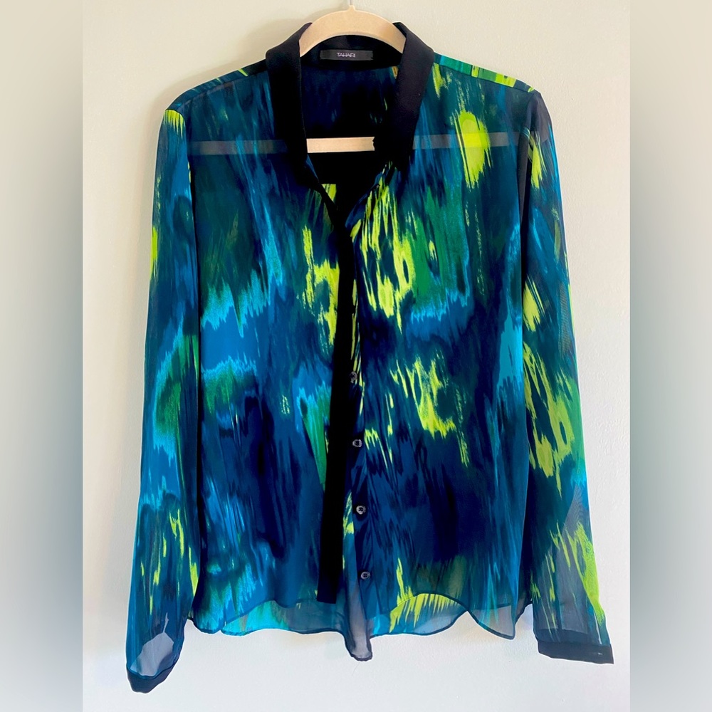 Tahari Blouse in Black, Blue and Lime Green